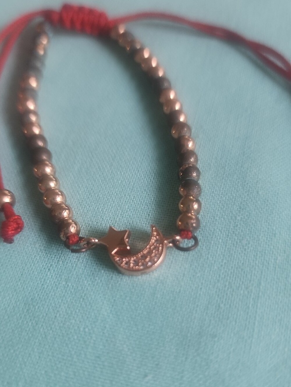 Rose Gold Moon & Star Green & Gold Beaded Red String Adjustable Bracelet